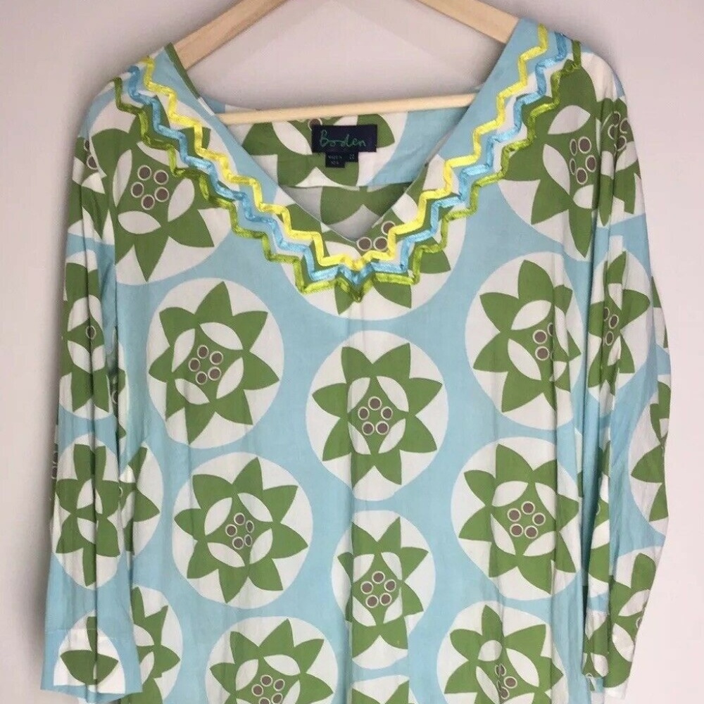 Boden Geometric Tunic Top V Neck 3/4 Sleeve Cotton